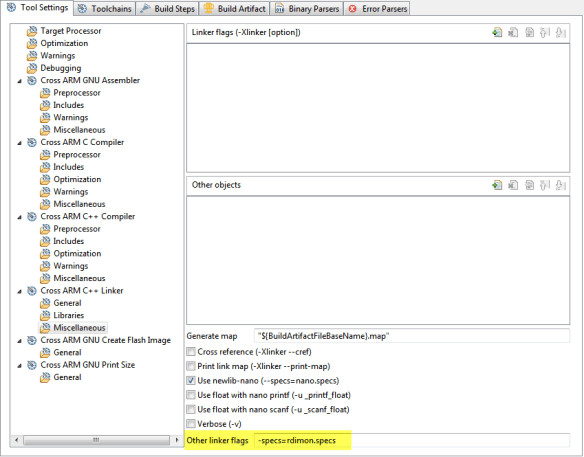 rdimon linker specs for semihosting
