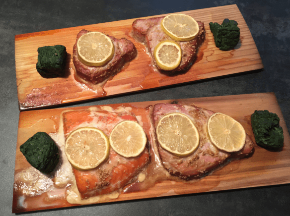 Seasam Tuna And Salmon on Cedar Planks