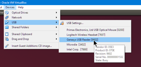 Connecting to external USB Reader from VM