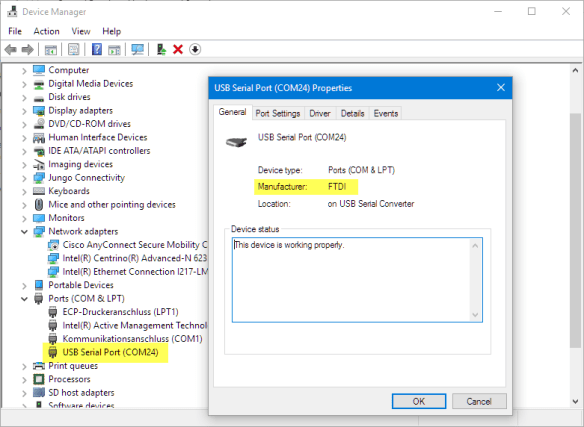 FTDI Serial Driver Installed in Windows