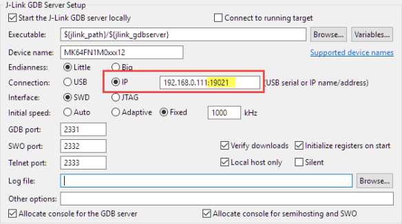 Port Specified for J-Link Remote Connection
