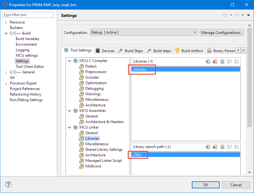 mmCAU Library Linker Options