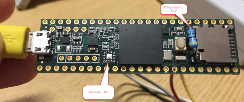 Top Side modified Teensy with pull-up and removed KL02Z