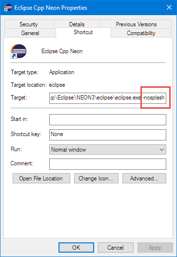 nosplash option for Eclipse