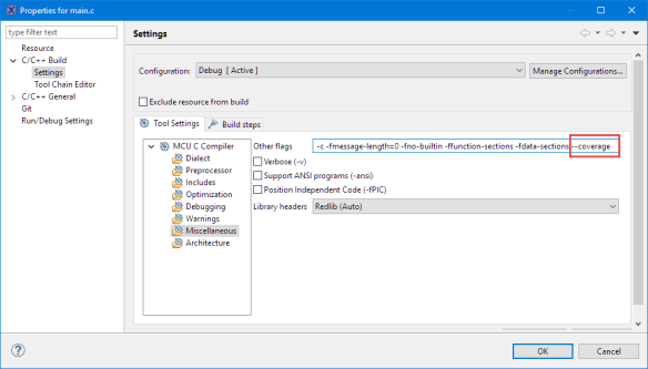 Coverage enabled for main.c
