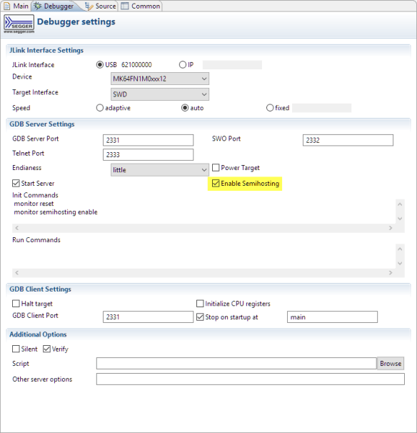 Segger with Enabled Semihosting