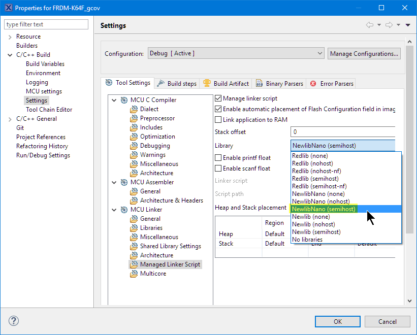 Semihosting in Linker Settings