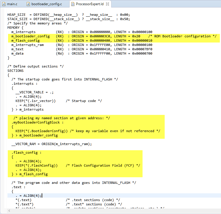 Bootloader and Flash Configuration in Linker File