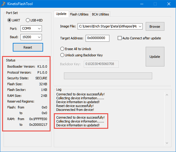 KinetisFlashTool Connected to Device