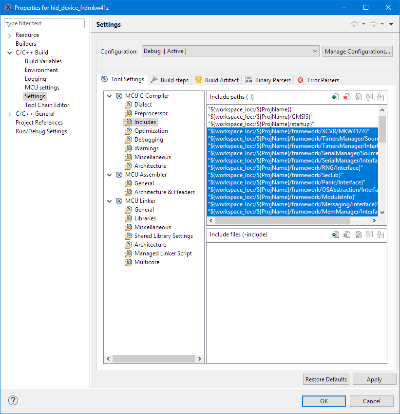 Copied Include Paths into MCUXpresso IDE Project