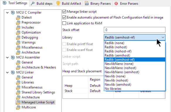 MCUXpresso IDE Library Options