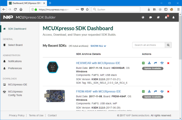 MCUXpresso SDK Dashboard