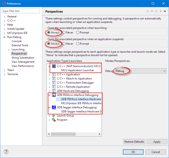 Specifying the Debug Perspective