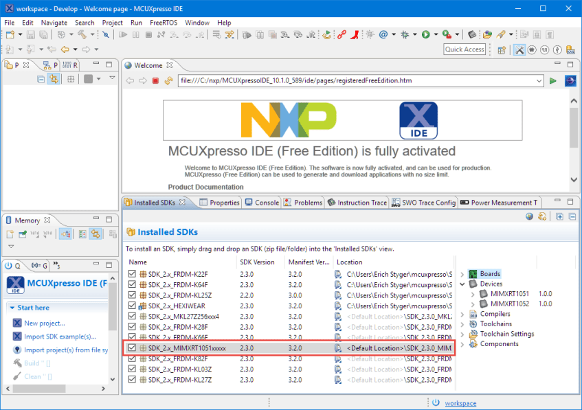 Installed SDK in MCUXpresso IDE