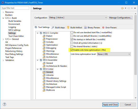 -Flto Setting in MCUXpresso IDE Linker Settings
