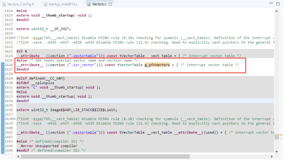 Vector section name and vector table name