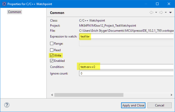 Write Watchpoint with a Condition
