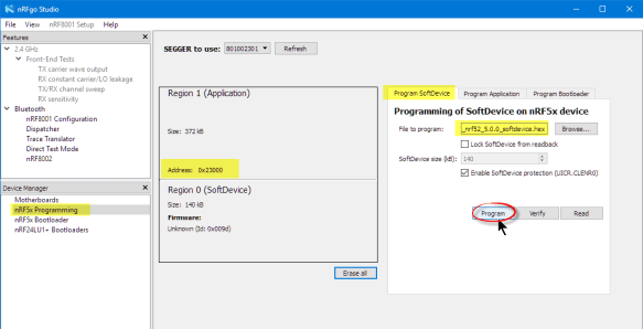 programming softdevice with nRFgo Studio