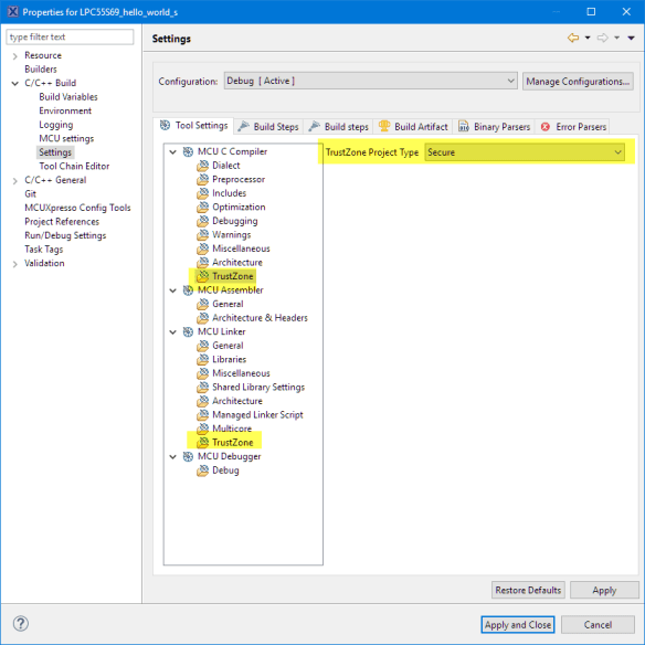 Secure Linker and Compiler Settings