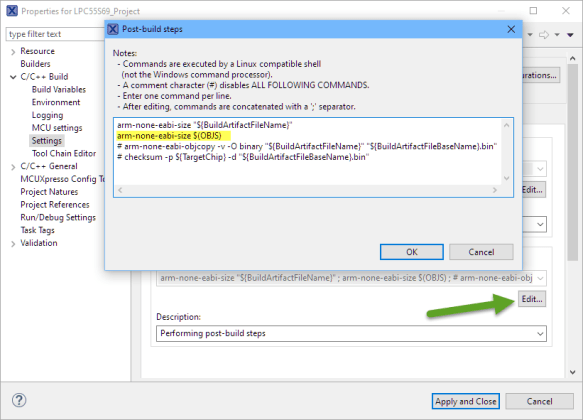 arm-none-eabi-size $(OBJI) in the post-build action