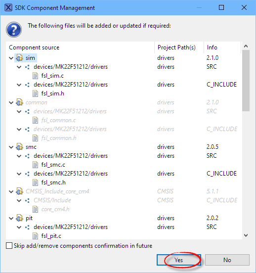 SDK Component Manager Confirmation Dialog