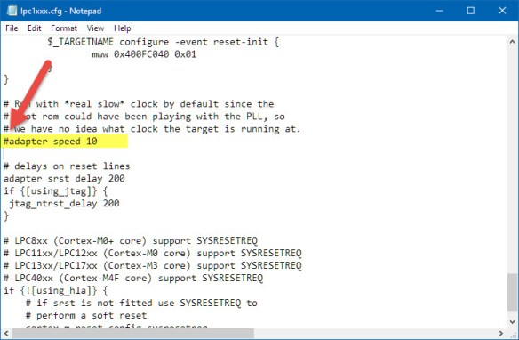 disabled adapter speed in lpc1xxx.cfg