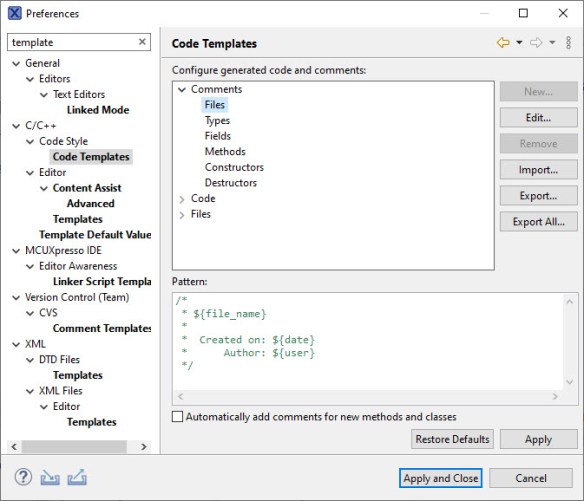 code-template-for-new-files | MCU on Eclipse