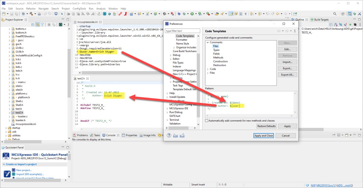 Custom ${user} with C/C++ Code Templates | MCU on Eclipse