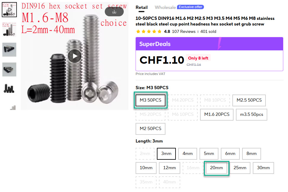 M3 20 mm hex sockets
