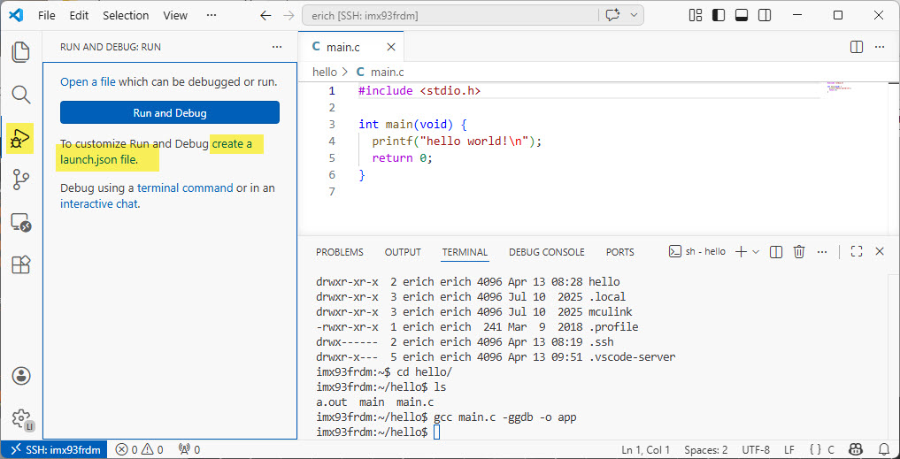 Debug pane to create a launch.json file