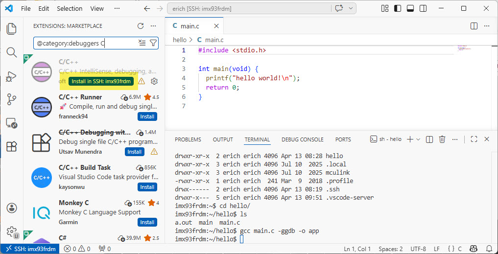 Install C/C++ in SSH