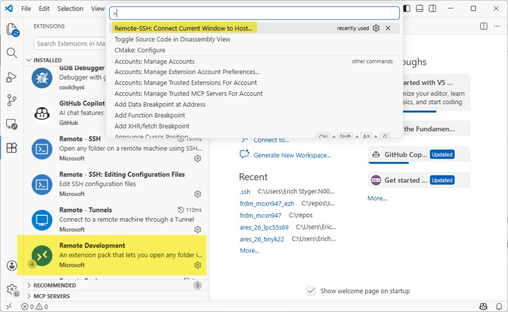 Remote SSH: Connect current window to host