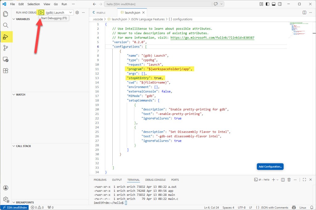 Start debugging in VS Code