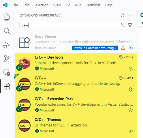 C/C++ extension installed in container