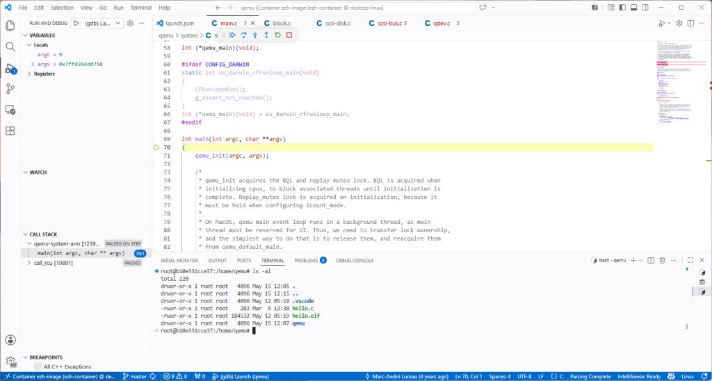 Debugging QEMU in container using VS Code