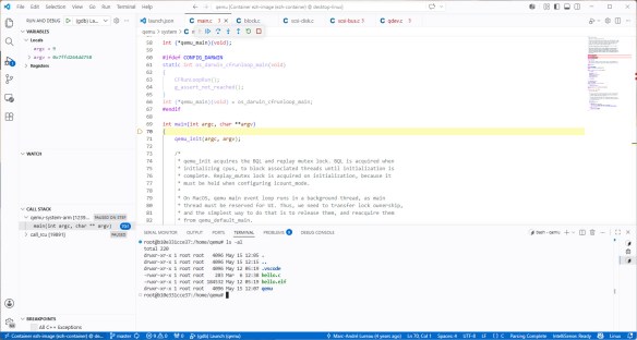 Debugging QEMU in container with VS Code